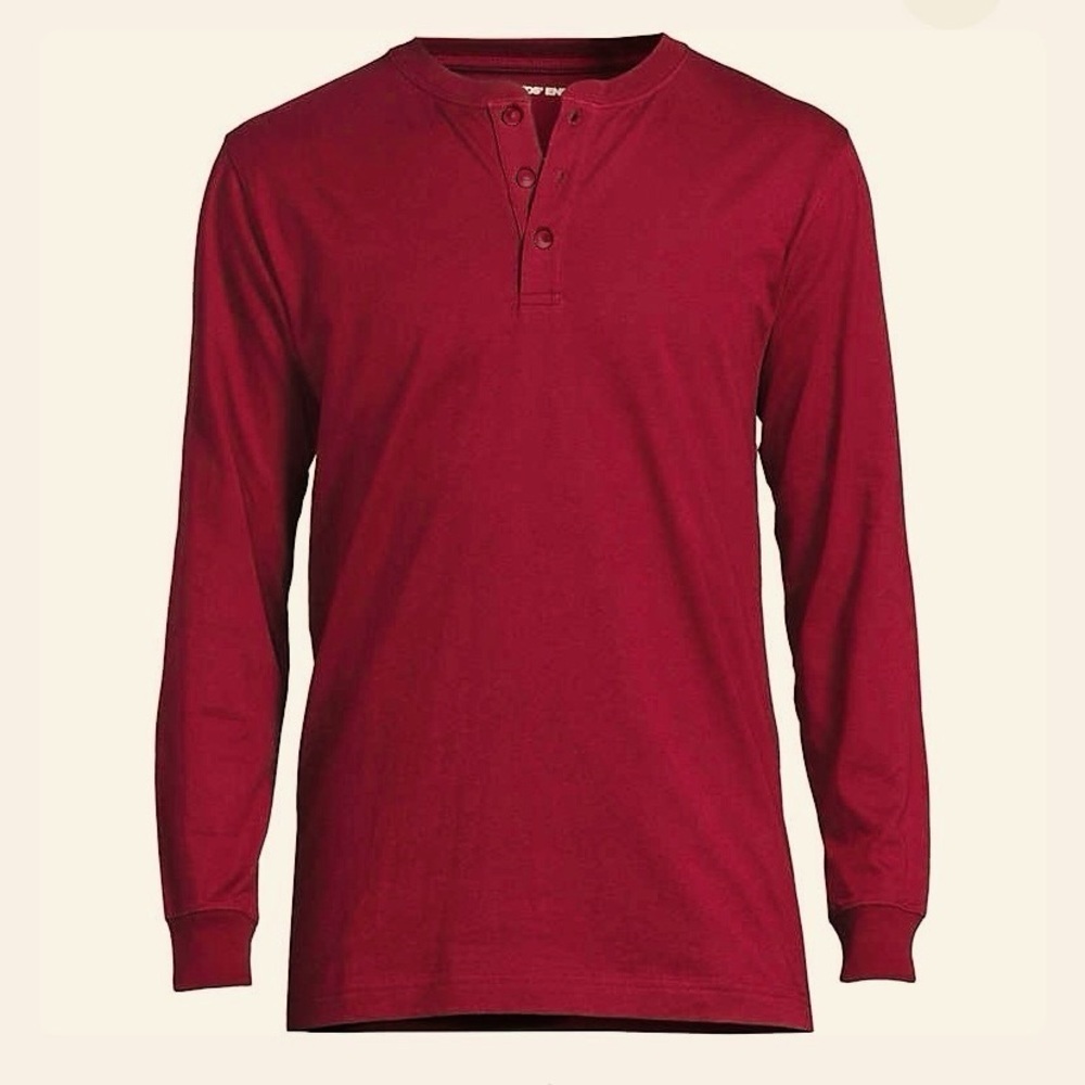 LANDSEND Men's 100% Cotton Super-T Long Sleeve Henley Shirt Crew Neck 3 Buttons